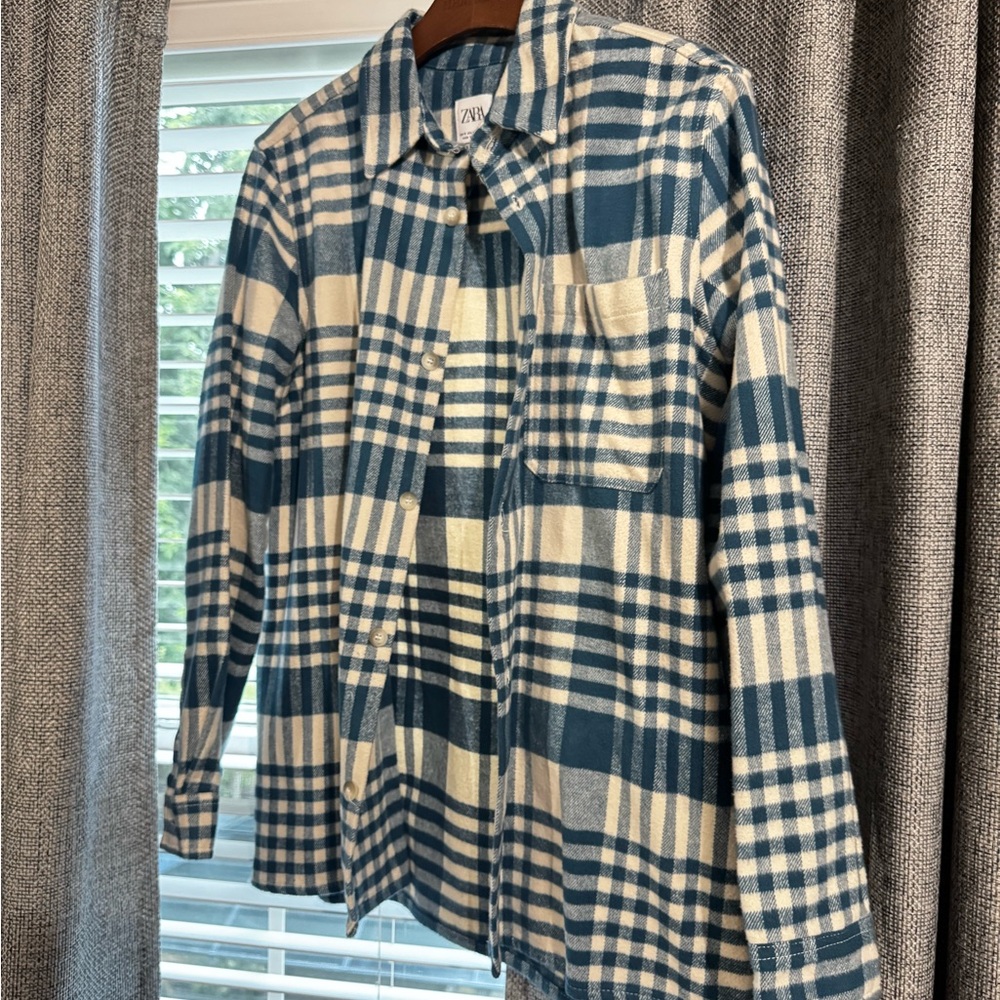 Zara Navy and Cream Checkered Shirt